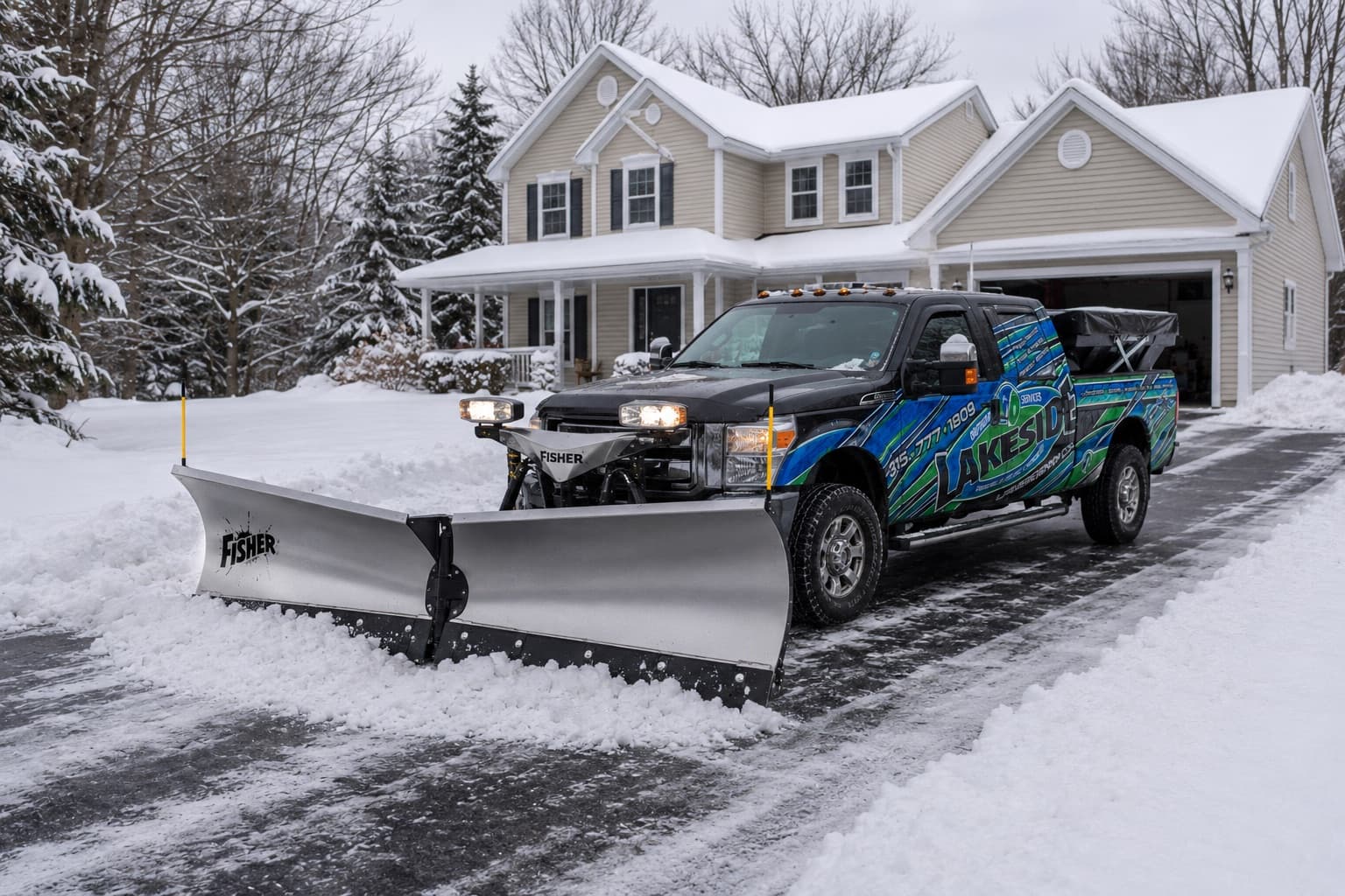 Lakeside Outdoor Services truck plowing a residential driveway in Watertown NY