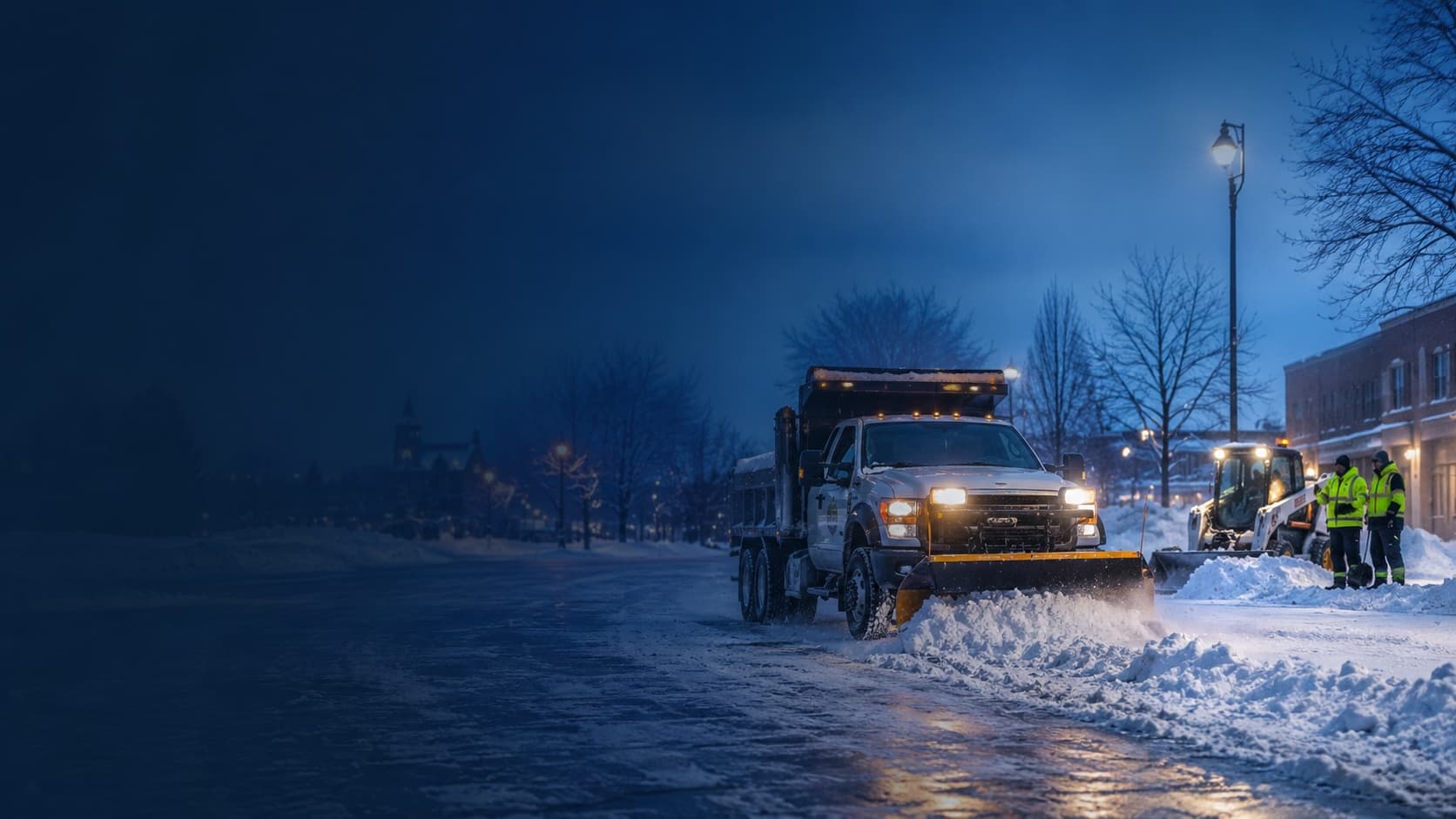 A Lakeside plow truck and loader clearing snow on a Watertown street at night
