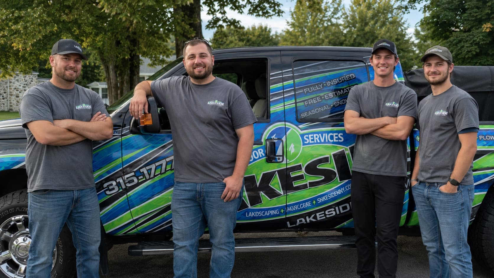 The Lakeside Outdoor Services team by the truck in Watertown, New York
