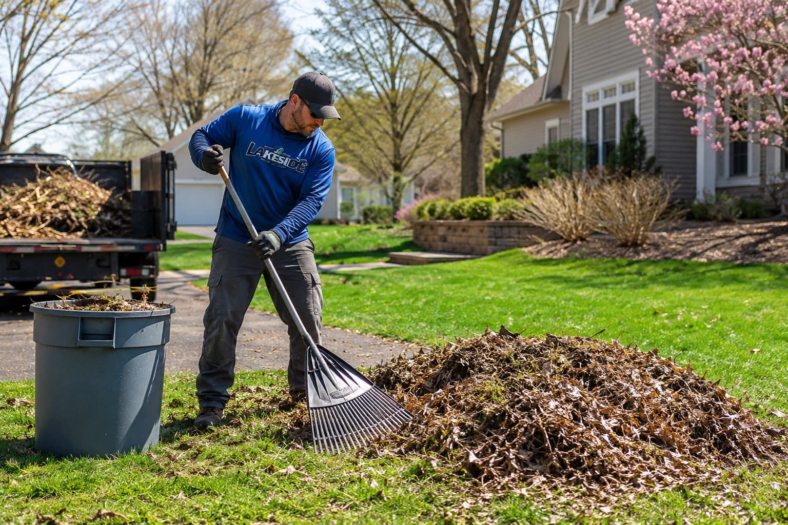 Lakeside crew member raking leaves and debris during a spring cleanup at a Watertown NY home